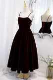 Wine Red Velvet Tea Length Party Dress, Wine Red Straps Homecoming Dress