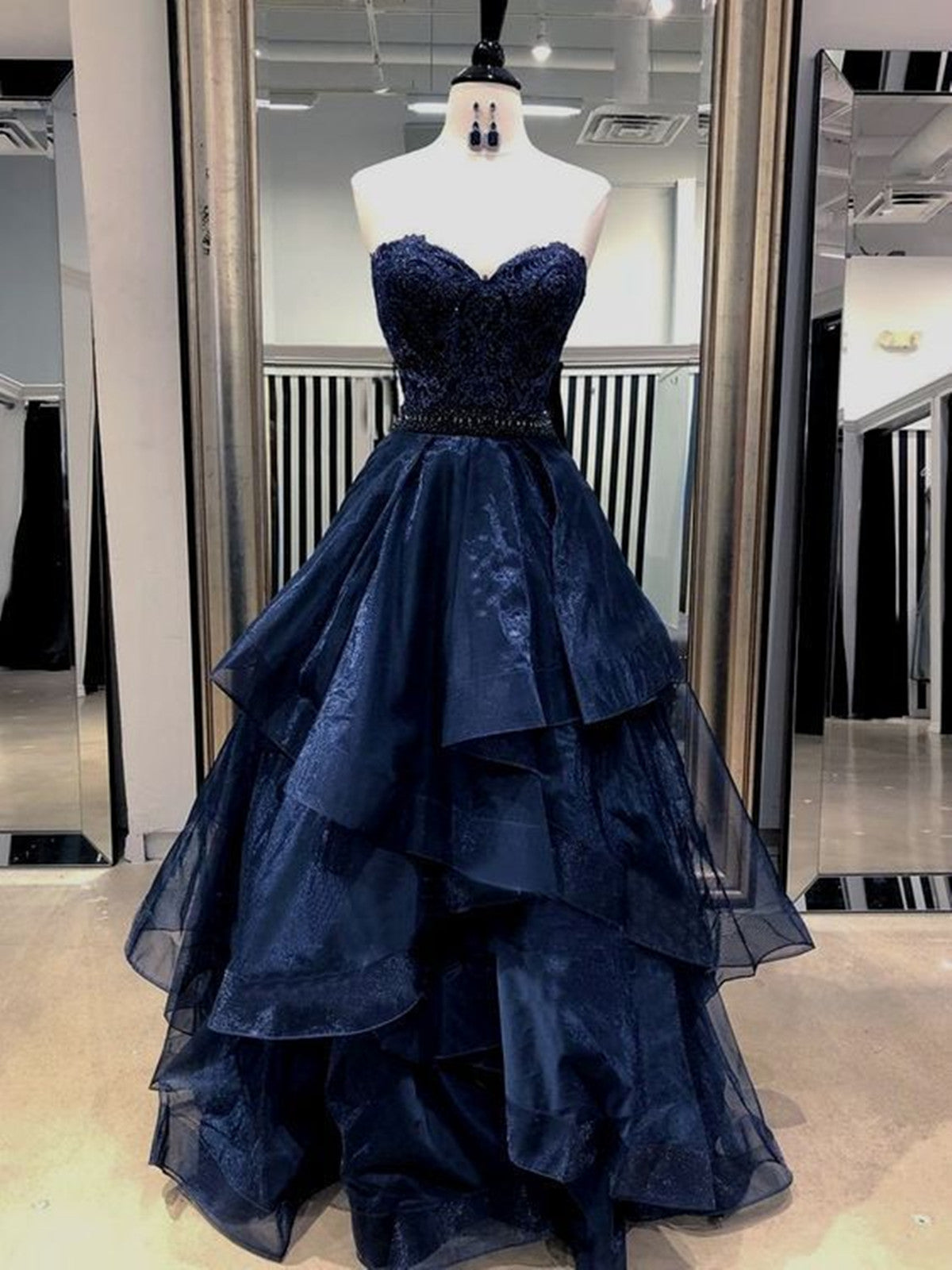 A-line Navy Blue Layers Tulle with Lace Long Party Dress, Navy Blue Tulle Prom Dress