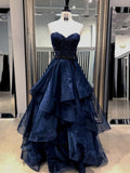 A-line Navy Blue Layers Tulle with Lace Long Party Dress, Navy Blue Tulle Prom Dress