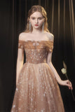 Off Shoulder Tulle Champagne Beaded Prom Dress, Tulle Long Evening Dress Party Dress