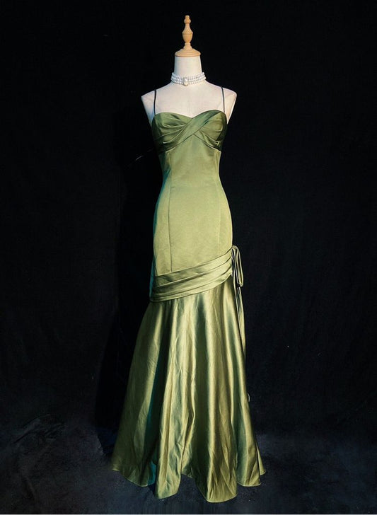 Green Satin Sweetheart Straps Long Evening Dress, Green Wedding Party Dress