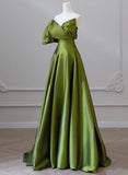 Green One-Shoulder Short Sleeves Backless Sweep Train Prom Dress, Green Party Dress