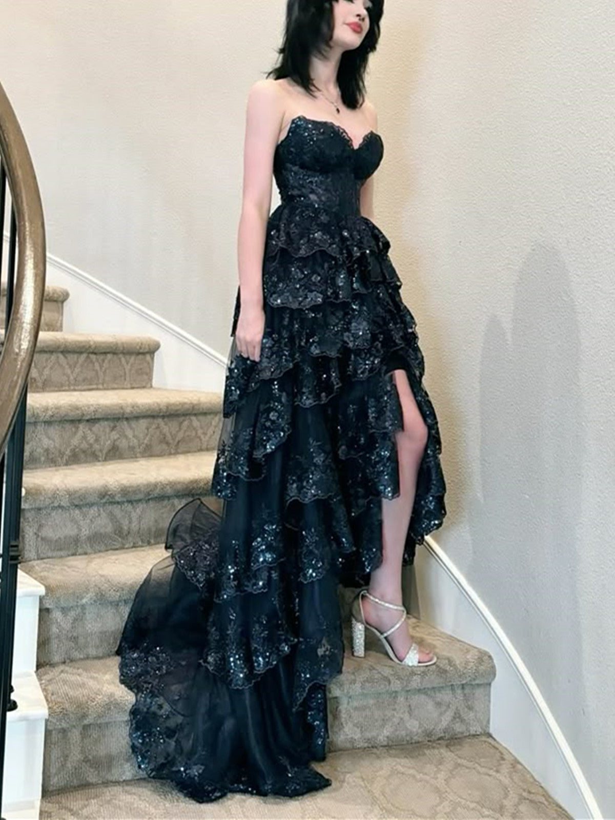 Black Sweetheart Tulle with Lace Applique Party Dress, Black Strapless Lace-up Prom Dress