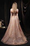 Off Shoulder Tulle Champagne Beaded Prom Dress, Tulle Long Evening Dress Party Dress