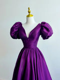 Purple Satin A-line Short Sleeves Long Formal Dress, Purple  Prom Dress