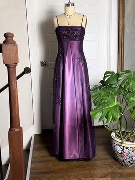 A-line Purple Satin and Tulle Straps Long Party Dress, Purple Floor Length Prom Dress