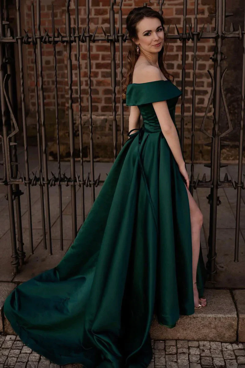 Green Satin A-line Off Shoulder Formal Dress, Green Long Evening Dress Prom Dress