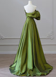 Green One-Shoulder Short Sleeves Backless Sweep Train Prom Dress, Green Party Dress