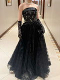 Black Lace A-line Strapless Beaded Long Formal Dress, Black Floor Length Evening Dress