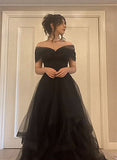 A-line Black Tulle Chic Sweetheart Long Party Dress, Black Off Shoulder Prom Dress