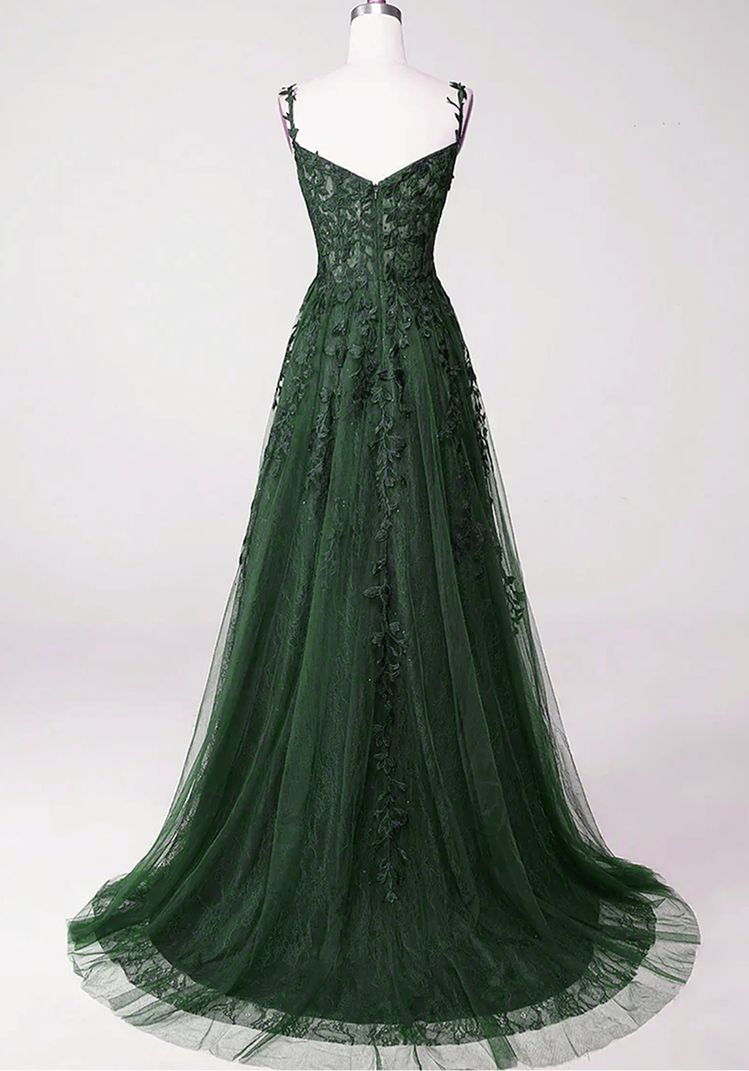 Green A-line Tulle with Lace Applique Long Party Dress, Green Floor Length Prom Dress