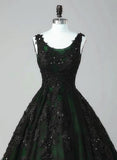 Black and Green Tulle with Lace Long Party Dress, A-line Low Back Evening Dress