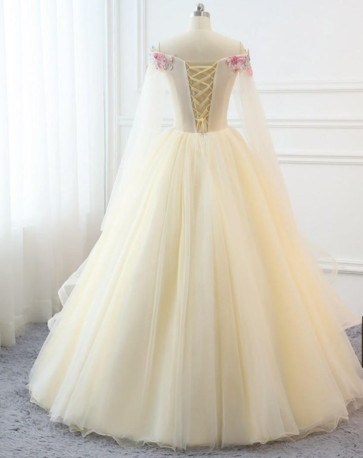 Light Champagne Off Shoulder Sweet 16 Dress, Champagne Tulle Long Formal Dress