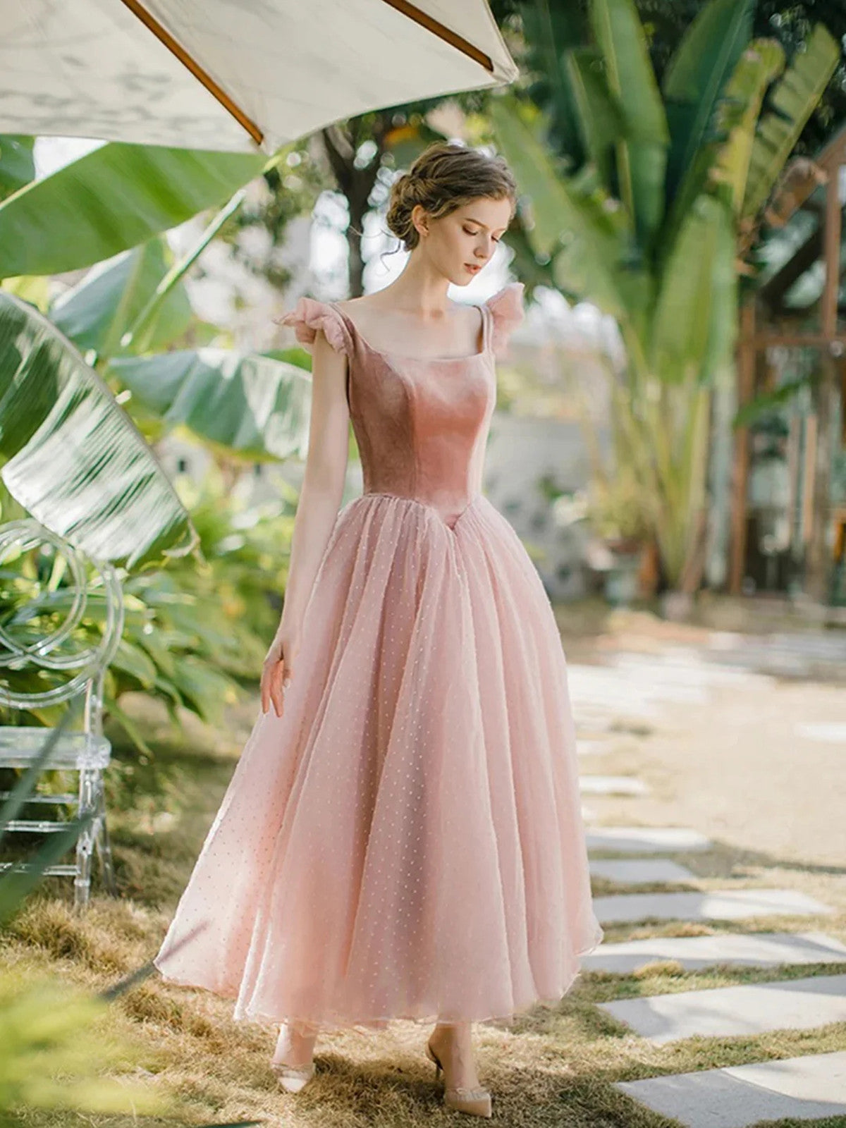 Pink Tulle and Velvet Tea Length Wedding Party Dress, Pink Formal Dress