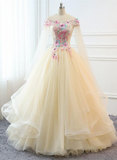 Light Champagne Off Shoulder Sweet 16 Dress, Champagne Tulle Long Formal Dress