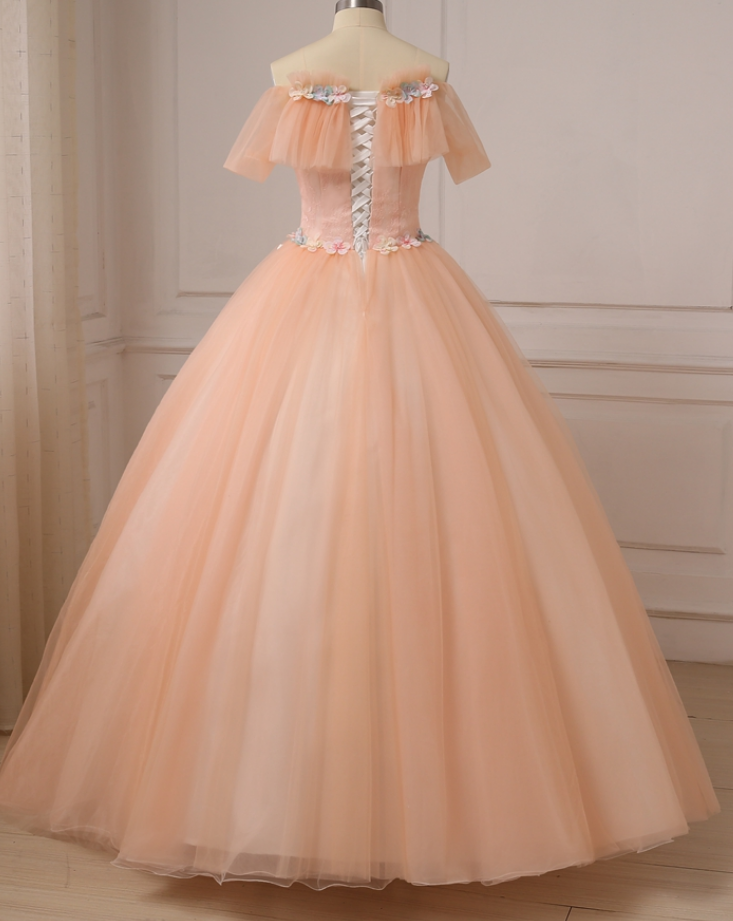 Pink Flowers Tulle Off Shoulder Party Dress, Pink Tulle Sweet 16 Dress