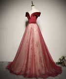 Red Off Shoulder Tulle A-line Long Formal Dress, Red Tulle Prom Dress