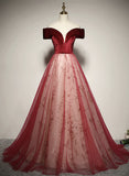 Red Off Shoulder Tulle A-line Long Formal Dress, Red Tulle Prom Dress