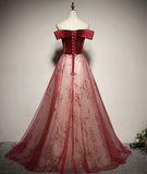 Red Off Shoulder Tulle A-line Long Formal Dress, Red Tulle Prom Dress