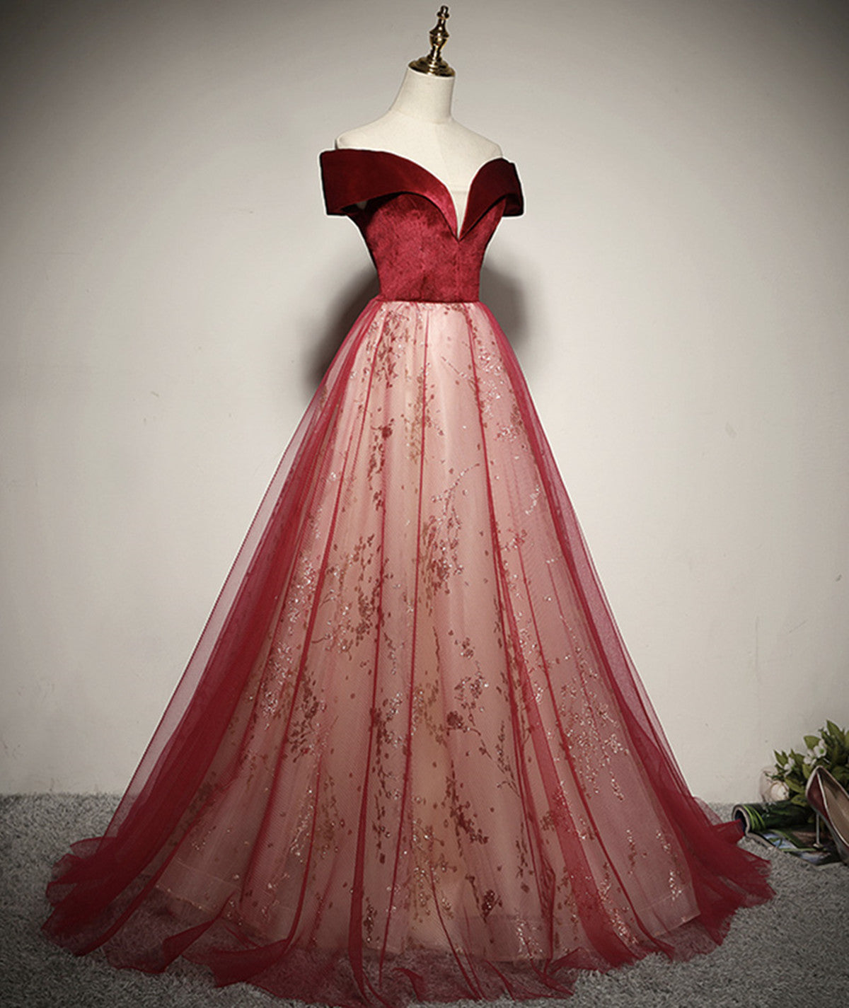 Red Off Shoulder Tulle A-line Long Formal Dress, Red Tulle Prom Dress