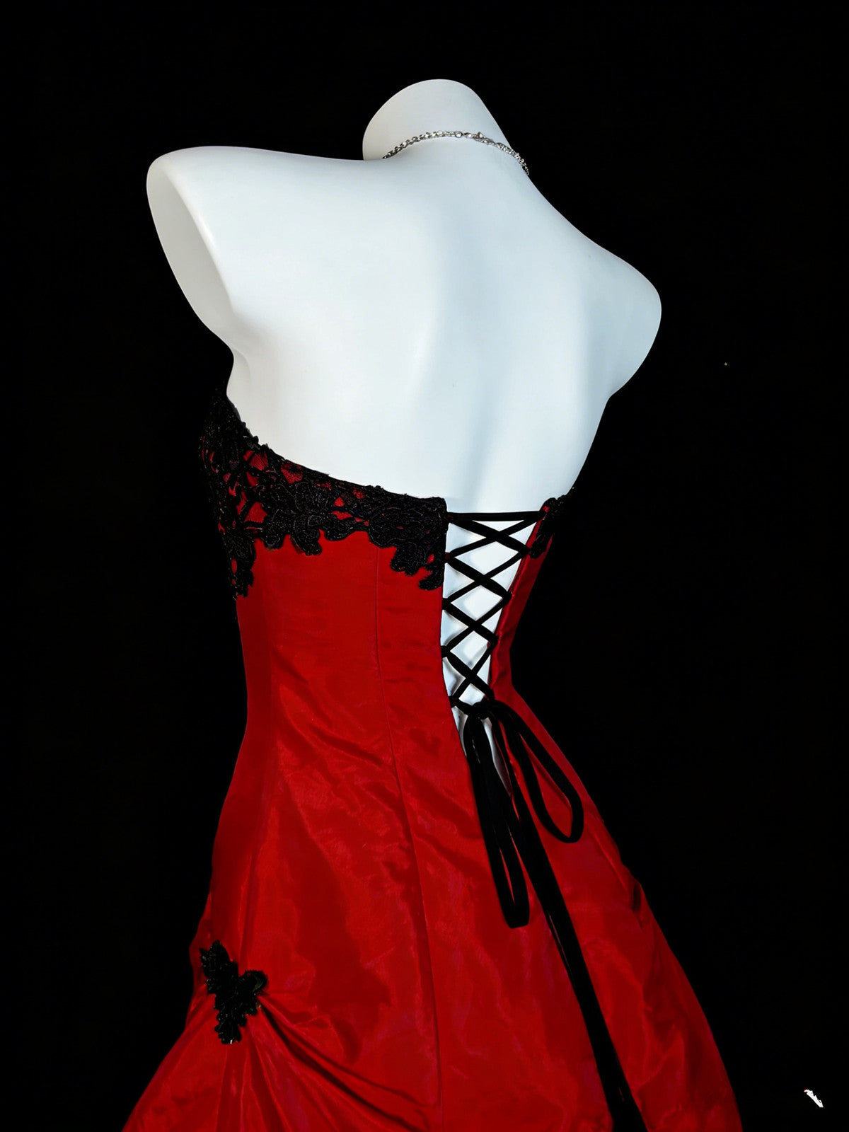 black dress red Red Taffeta with Black Lace Strapless Prom Dress, Red Long Party Dress –  Formaldressy