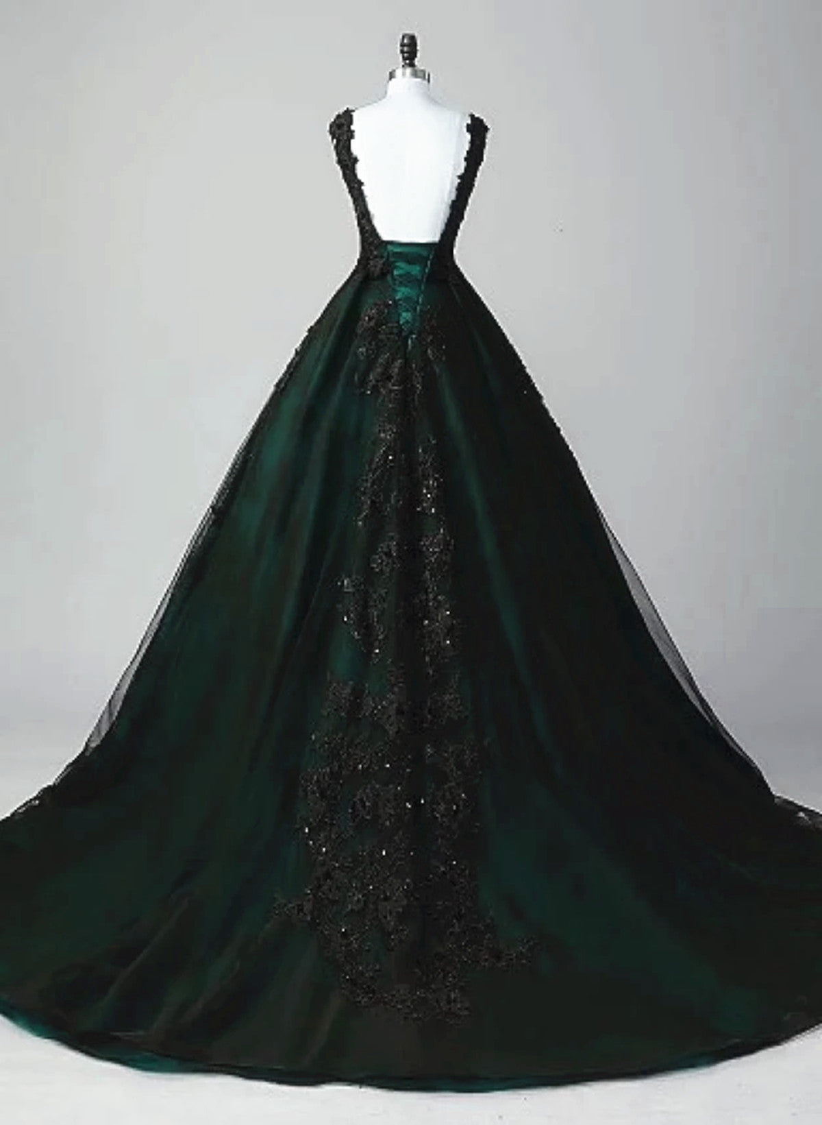 Black and Green Tulle with Lace Long Party Dress, A-line Low Back Evening Dress