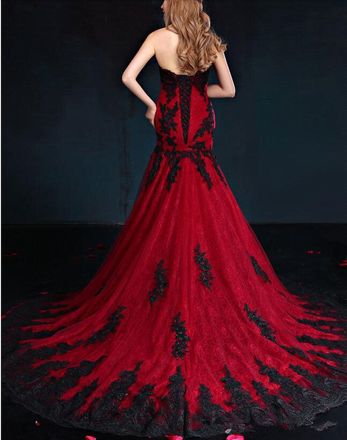 Mermaid Sweetheart With Black Lace Wine Red Party Dress, Wine Red Long Prom Dress