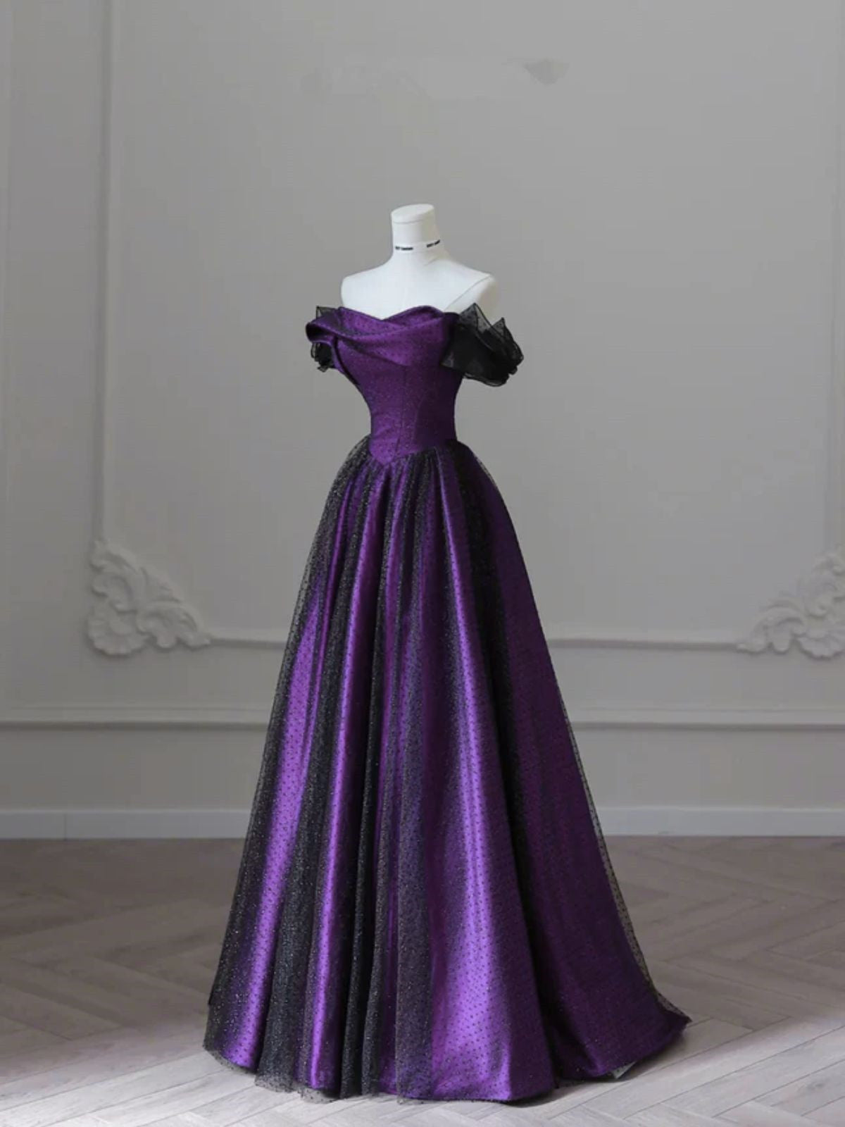 Black and Purple Strapless A-line Party Dress, Tulle and Satin Prom Dr