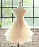 Light Champagne Organza with Lace Short Party Dress, Cute Champagne Homecoming Dress