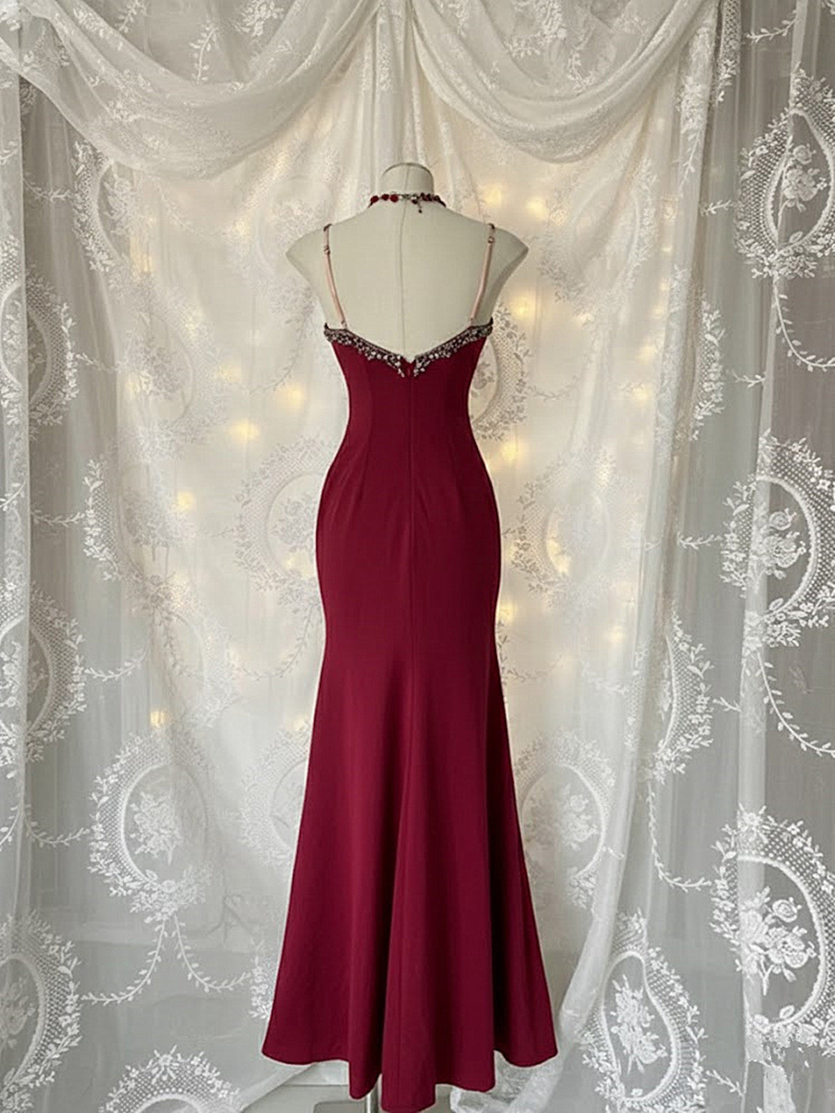 Wine Red Vintage Style Lace Long Prom Dress, Elegant Evening Gown with Beadings