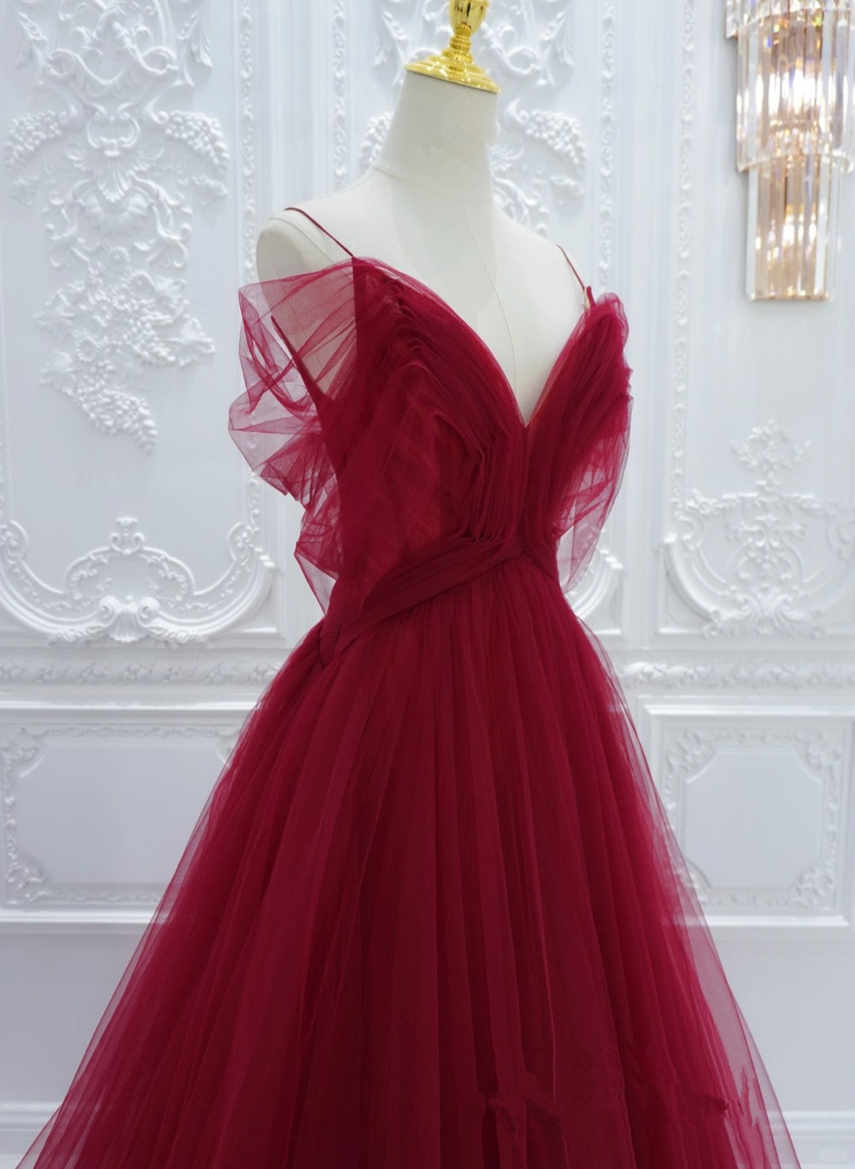 Red Off Shoulder Tulle A-line Formal Dress, Red Tulle Long Evening Dress Prom Dress