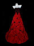 Red Taffeta with Black Lace Strapless Prom Dress, Red Long Party Dress Evening Dress