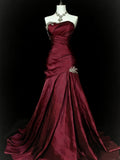 Wine Red Strapless Ruched Prom Dress,Elegant Wine Red Taffeta Floor-Length Formal Dress with Lace Applique