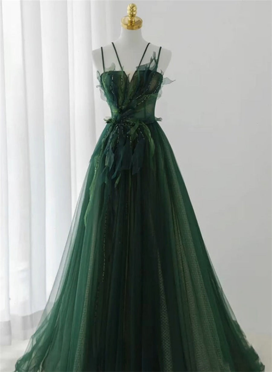 Green Straps Tulle Long A-line Party Dress, Green Floor Length Prom Dress