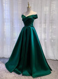 Green Satin Simple Off Shoulder Long Party Dress, Green Long Prom Dress