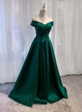 Green Satin Simple Off Shoulder Long Party Dress, Green Long Prom Dress