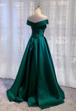 Green Satin Simple Off Shoulder Long Party Dress, Green Long Prom Dress