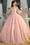 Pink Tulle Long Sleeves with Flowers Ball Gown Party Dress, Pink Sweet 16 Dress