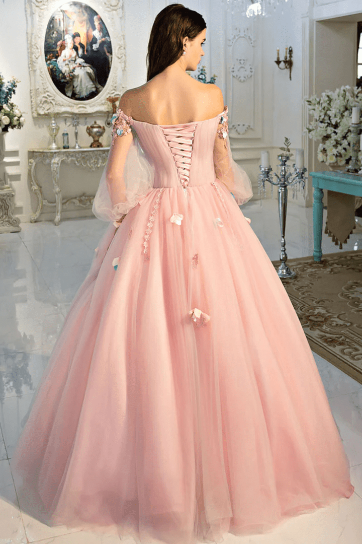 Pink Tulle Long Sleeves with Flowers Ball Gown Party Dress, Pink Sweet 16 Dress