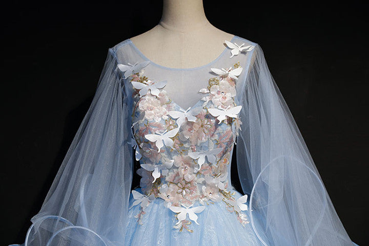 Light Blue Tulle A-line Long Prom Dress, Blue Sweet 16 Gown with Flowers