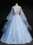 Light Blue Tulle A-line Long Prom Dress, Blue Sweet 16 Gown with Flowers