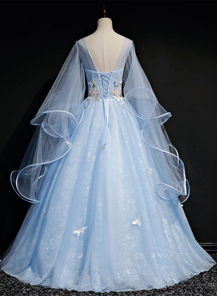 Light Blue Tulle A-line Long Prom Dress, Blue Sweet 16 Gown with Flowers