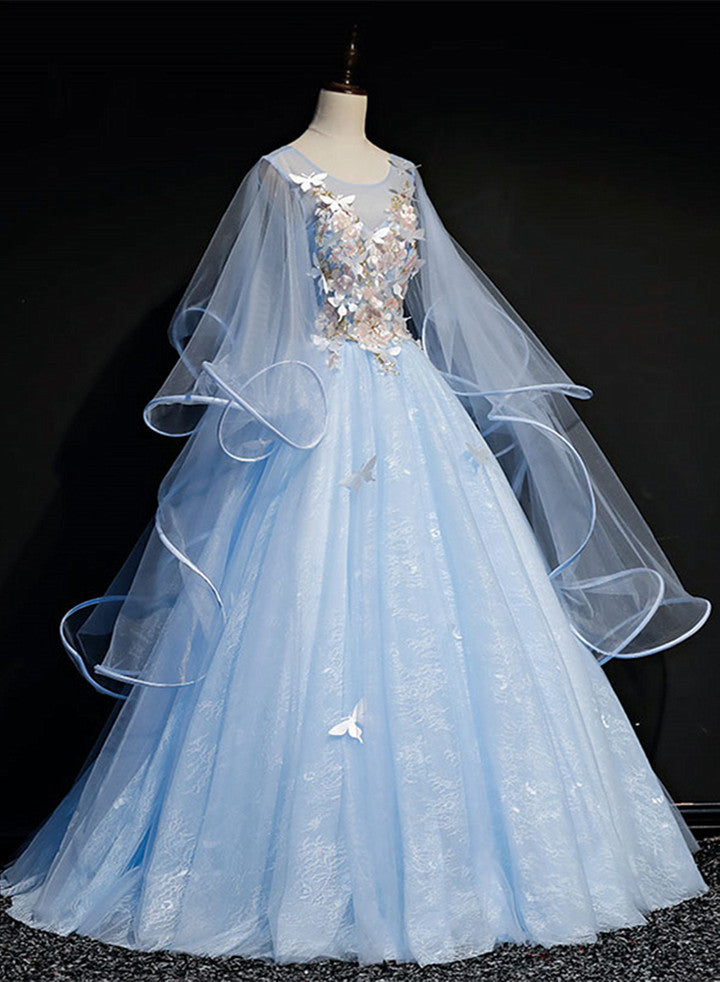 Light Blue Tulle A-line Long Prom Dress, Blue Sweet 16 Gown with Flowers