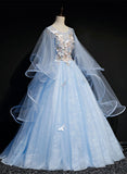 Light Blue Tulle A-line Long Prom Dress, Blue Sweet 16 Gown with Flowers