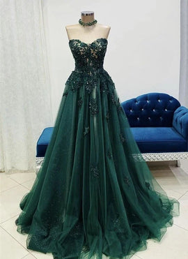 Tulle with Lace Applique Sweetheart Long Formal Dress, Green Floor Length Prom Dress