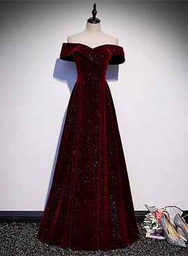 Wine Red Velvet Long Party Dress, A-line Wine Red Wedding Party Dress