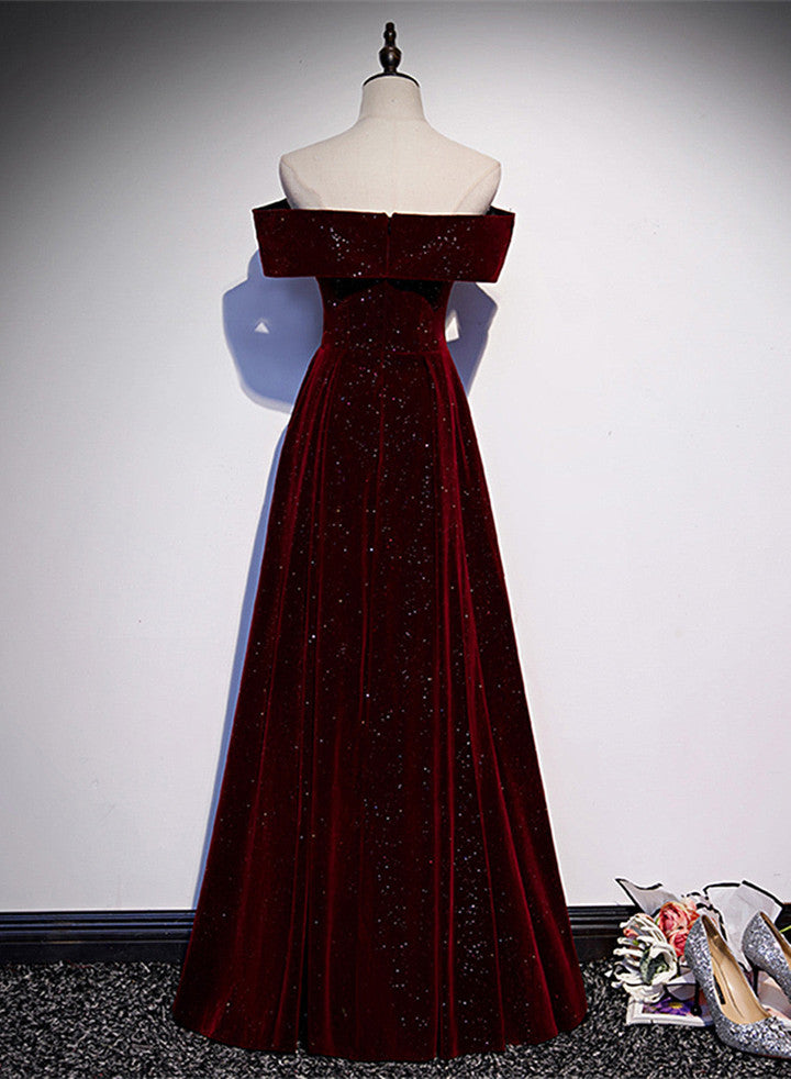 Wine Red Velvet Long Party Dress, A-line Wine Red Wedding Party Dress