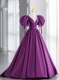 Purple V-Neck Satin Long Prom Dress, A-Line Puff Sleeves Party Dress