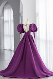 Purple V-Neck Satin Long Prom Dress, A-Line Puff Sleeves Party Dress