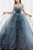 BlueTulle A-line Beaded Long Prom Dress, Blue Straps Party Dress Formal Dress